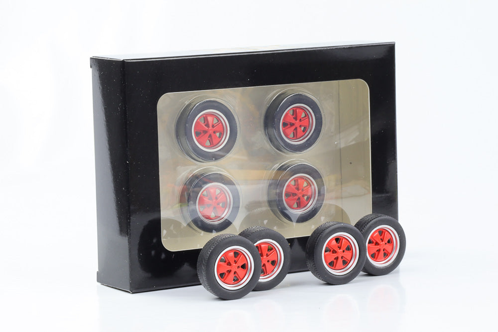 1:18 4 Felgen Set Porsche Fuchs Clubsport rot 35mm mit Reifen KK-Scale
