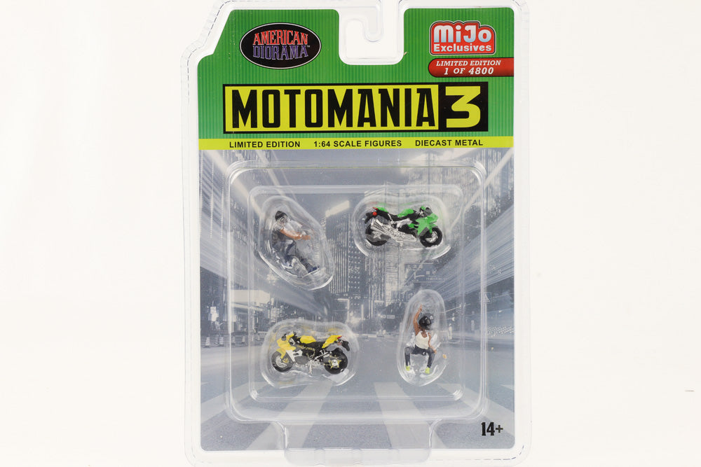 1:64 Figur Motomania 3 Set 4 pcs. 2 Figuren 2 Motorräder American Diorama Mijo