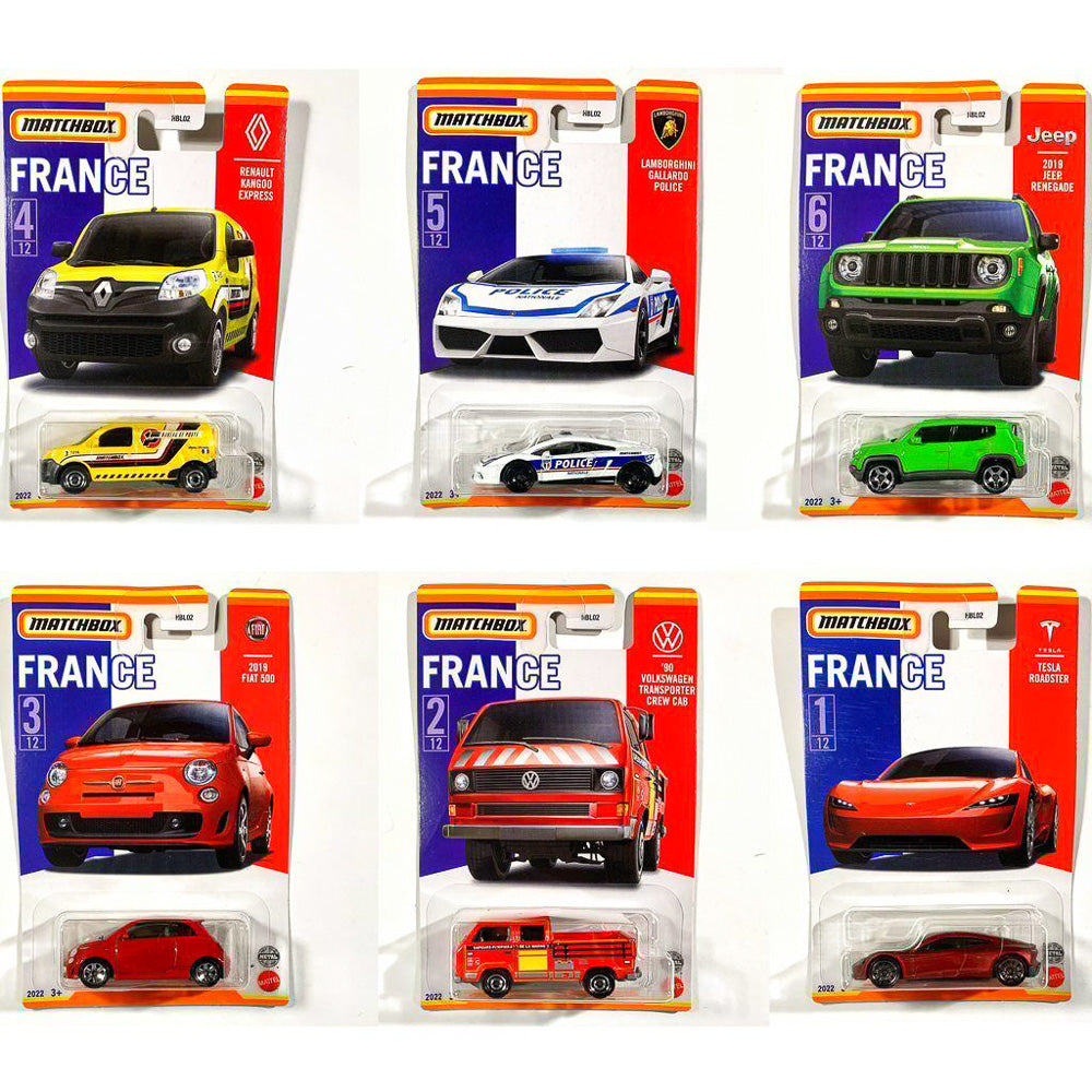 1:64 Best of France 6er Set TESLA VW Fiat Renault Lamborghini JEEP 2022 Matchbox