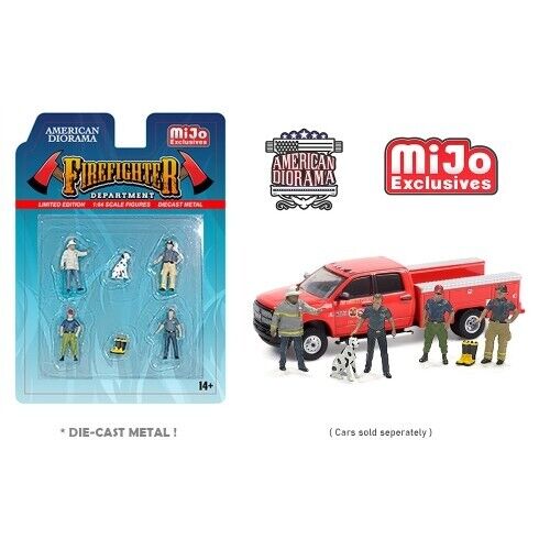 1:64 Figur Firefighter Feuerwehr Mann 4 Set Figuren mit Hund American Diorama Mijo