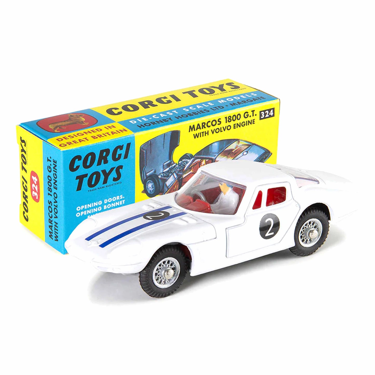 1:44 Corgi Toys Marcos GT weiß + Fahrer - Nr. 324 Repro