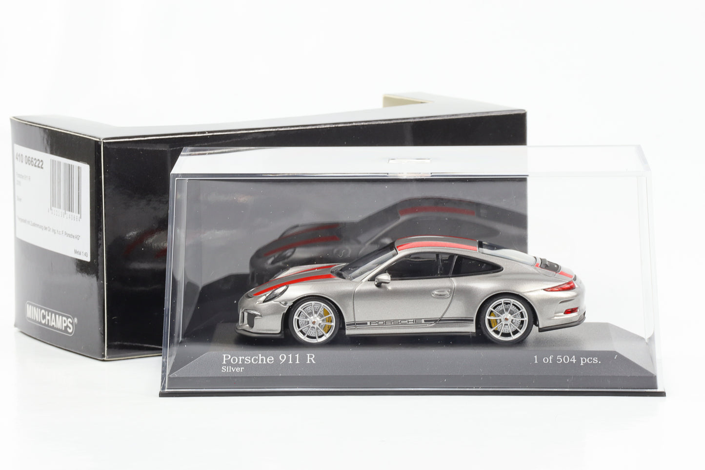 1:43 Porsche 911 991 R silver with red stripes Minichamps