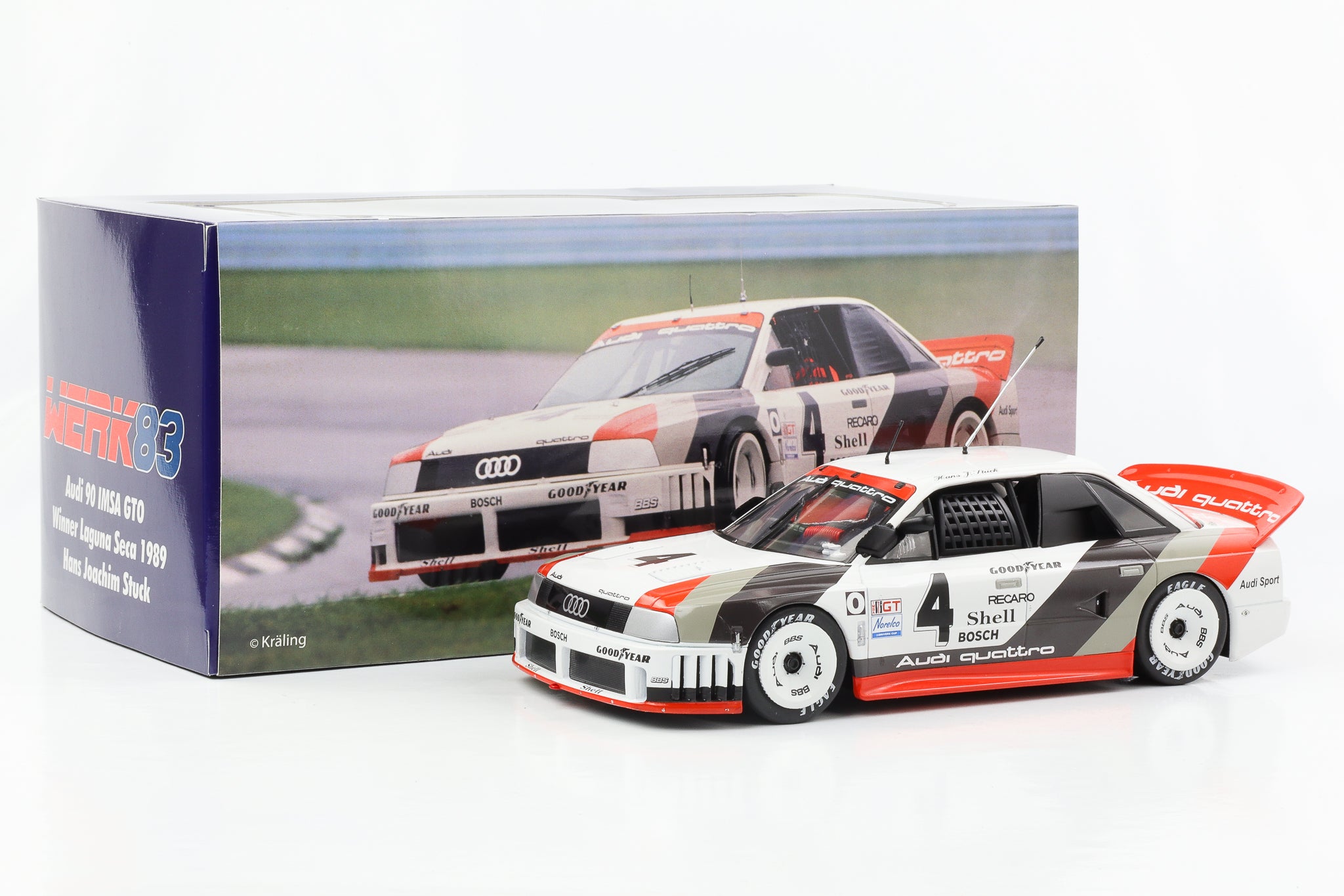 WERK83 1:18 Audi 90 IMSA GTO #4 vincitore Watkins Glen IMSA 1989 Stuck, Röhrl W1806001 modello WERK83 1:18 Audi 90 IMSA GTO #4 vincitore Watkins Glen IMSA 1989 Stuck, Röhrl W1806001 modello