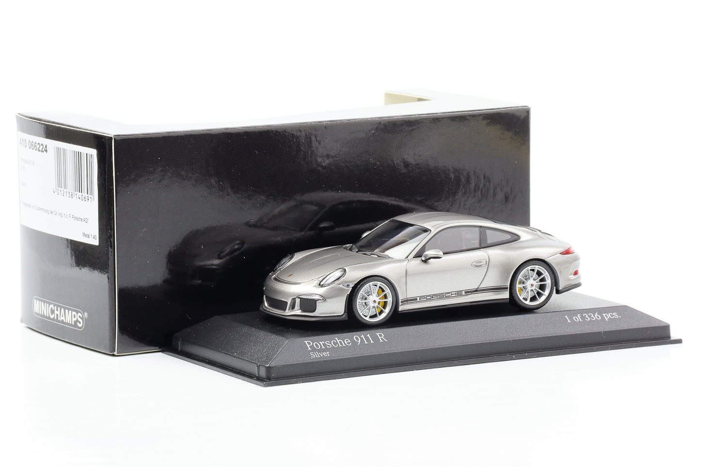 1:43 Porsche 911 991 R silver with black writing Minichamps