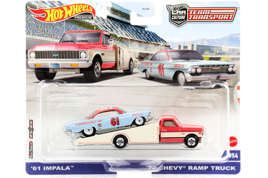 Conjunto de transporte de equipe 1:64 com 2 rodas quentes Impala 1961 + caminhão Chevy Ramp 1972