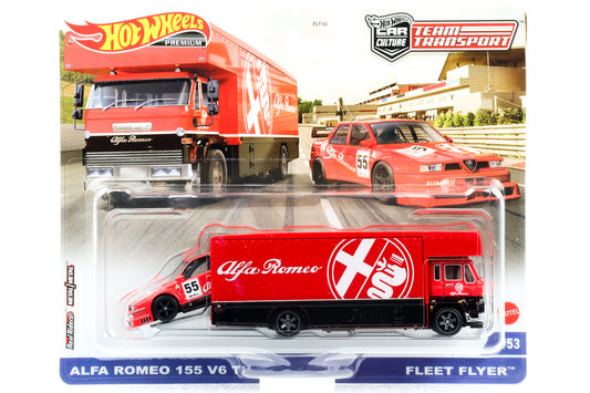 Conjunto de transporte de equipe 1:64 com 2 rodas quentes Alfa Romeo 155 V6 Ti Fleet Flyer