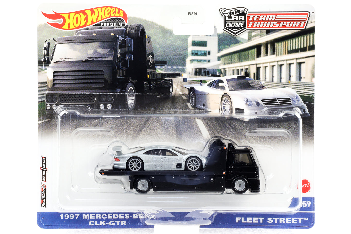 1:64 مجموعة نقل الفريق مكونة من قطعتين 1997 مرسيدس بنز CLK GTR + Fleet Street Hot Wheels