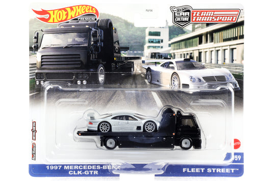 Conjunto de transporte de equipe 1:64 com 2 Mercedes-Benz CLK GTR + Fleet Street Hot Wheels 1997