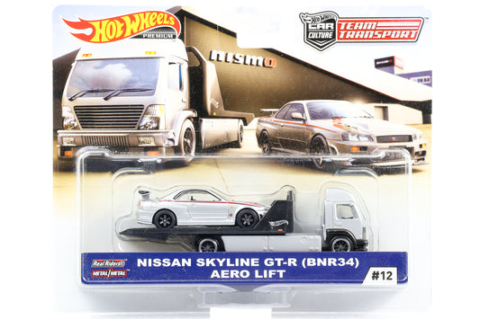 Conjunto de transporte de equipe 1:64 com 2 Nissan Skyline GT-R (BNR34) + Aero Lift Hot Wheels