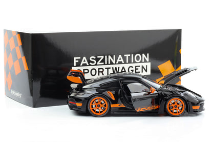 1:18 Porsche 911 992 GT3 RS 2022 Weissach preto laranja Minichamps