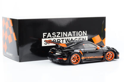 1:18 Porsche 911 992 GT3 RS 2022 Weissach preto laranja Minichamps