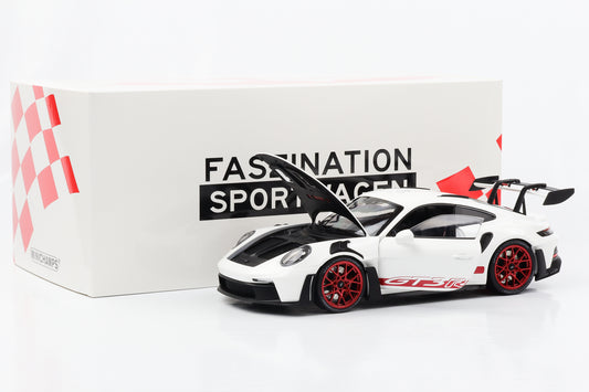 1:18 Porsche 911 992 GT3 RS 2022 Jantes brancas e decoração Minichamps vermelha