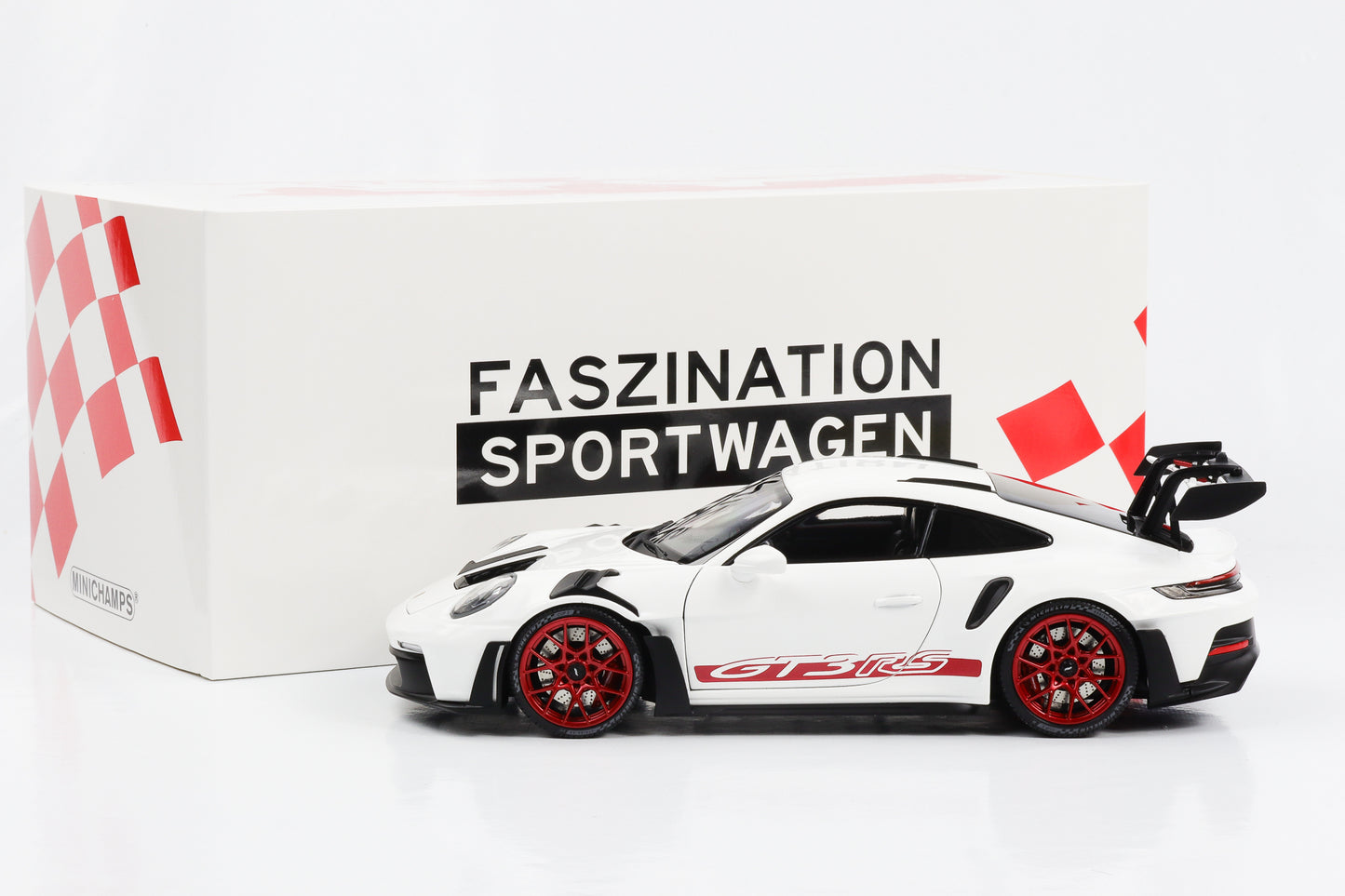 1:18 Porsche 911 992 GT3 RS 2022 Llantas blancas y decoración Minichamps roja