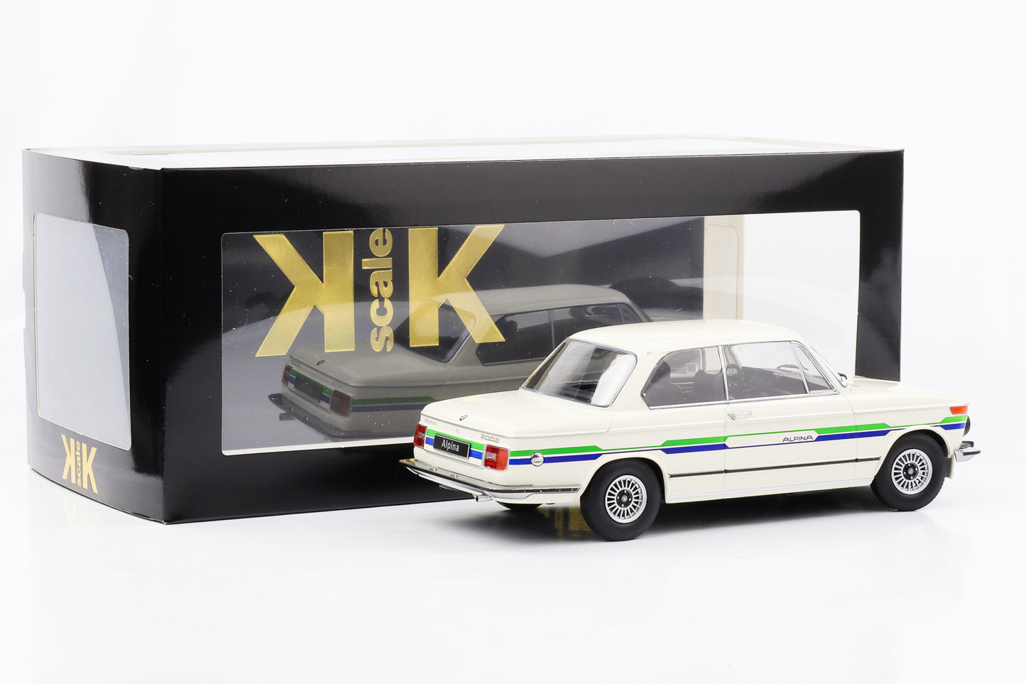1:18 BMW Alpina 2002 1974 weiss mit Dekorstreifen KK-Scale diecast