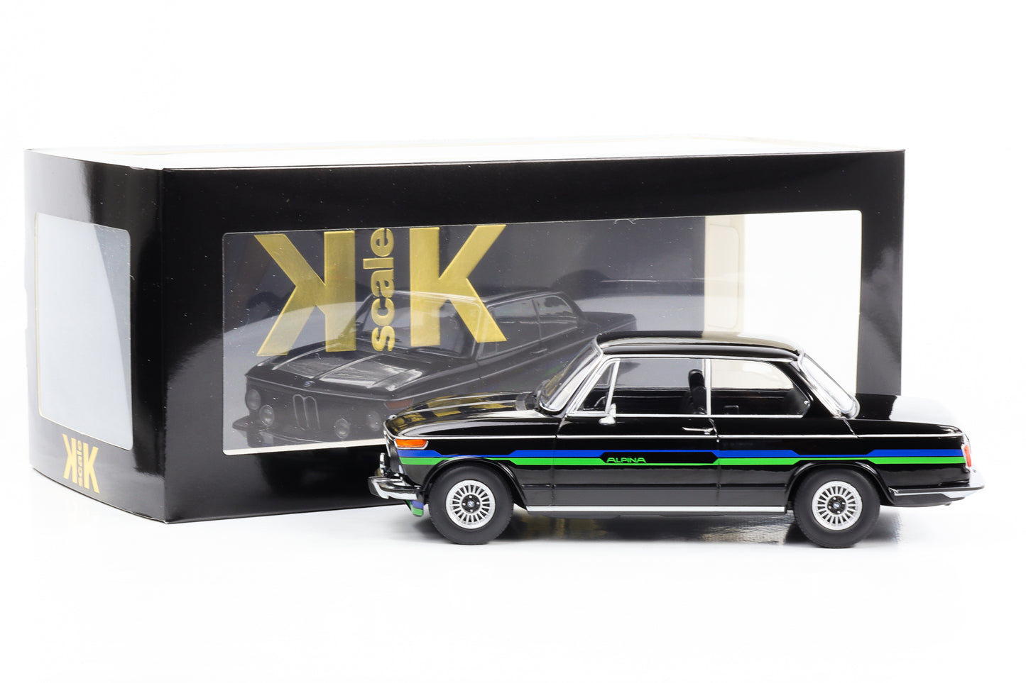 1:18 BMW Alpina 2002 1974 nera con strisce decorative KK-Scale pressofuso