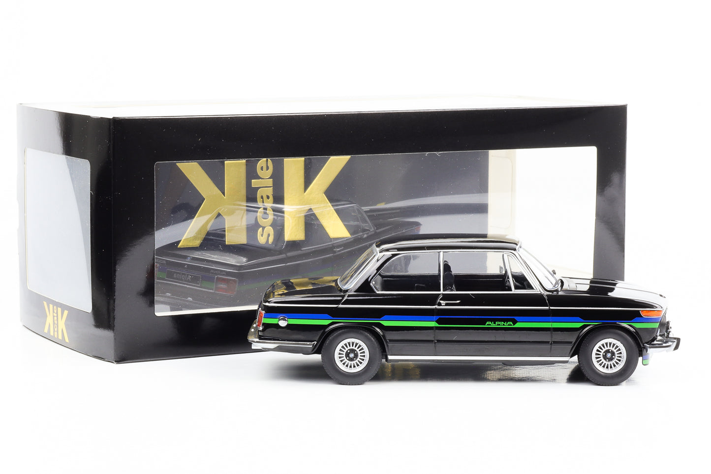 1:18 BMW Alpina 2002 1974 nera con strisce decorative KK-Scale pressofuso