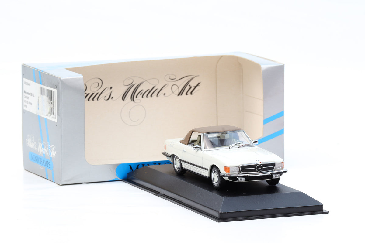 1:43 Mercedes-Benz 350 SL R107 Cabriolet 1974 weiss Softtop Minichamps