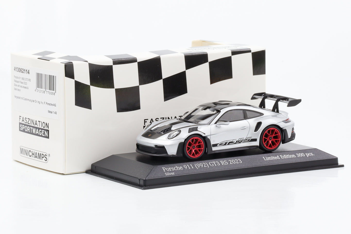 1:43 Porsche 911 992 GT3 RS 2023 pacote Weissach jantes prateadas vermelho Minichamps