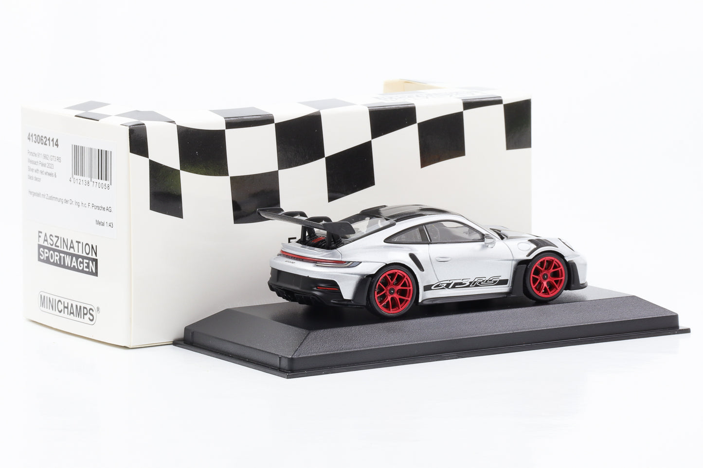 1:43 بورش 911 992 GT3 RS 2023 Weissach حزمة حواف فضية حمراء Minichamps