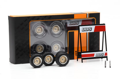 1:18 IXO 4 Felgen Radsatz BBS Set / Felge 20 mm silber gold / ca 32 mm mit Reifen (Kopie)