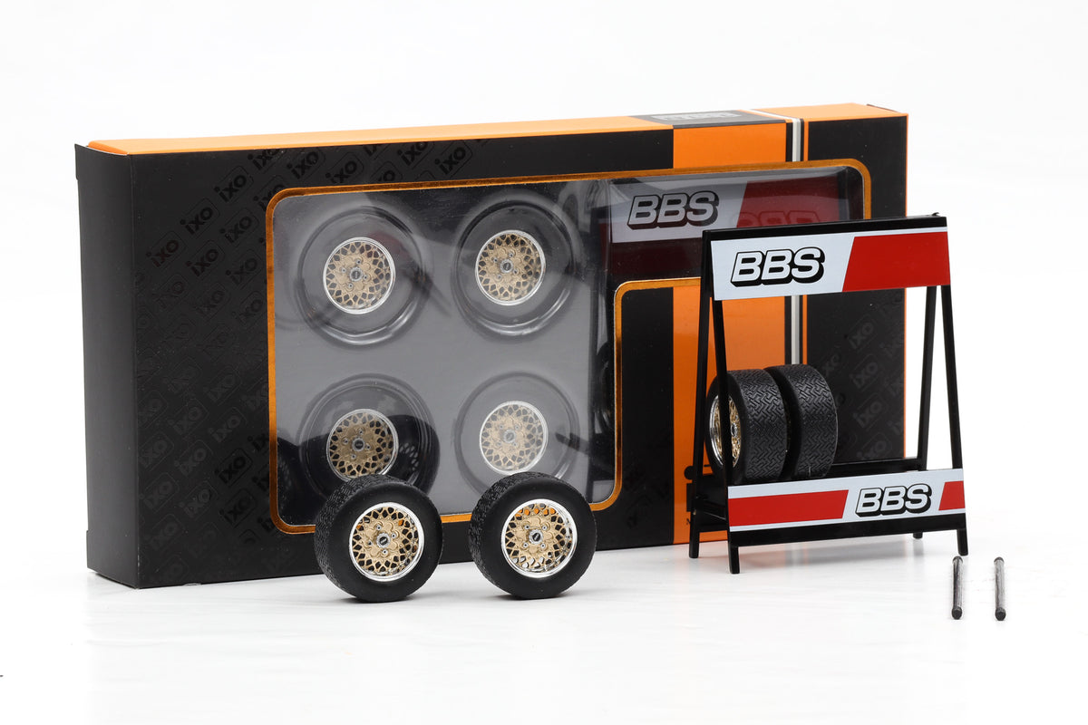 1:18 IXO 4 Felgen Radsatz BBS Set / Felge 20 mm silber gold / ca 32 mm mit Reifen (Kopie)