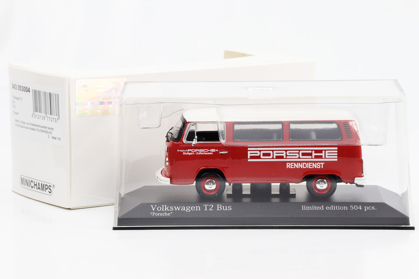 1:43 Vokswagen T2 Bus Porsche 1972 Renndienst rot Minichamps