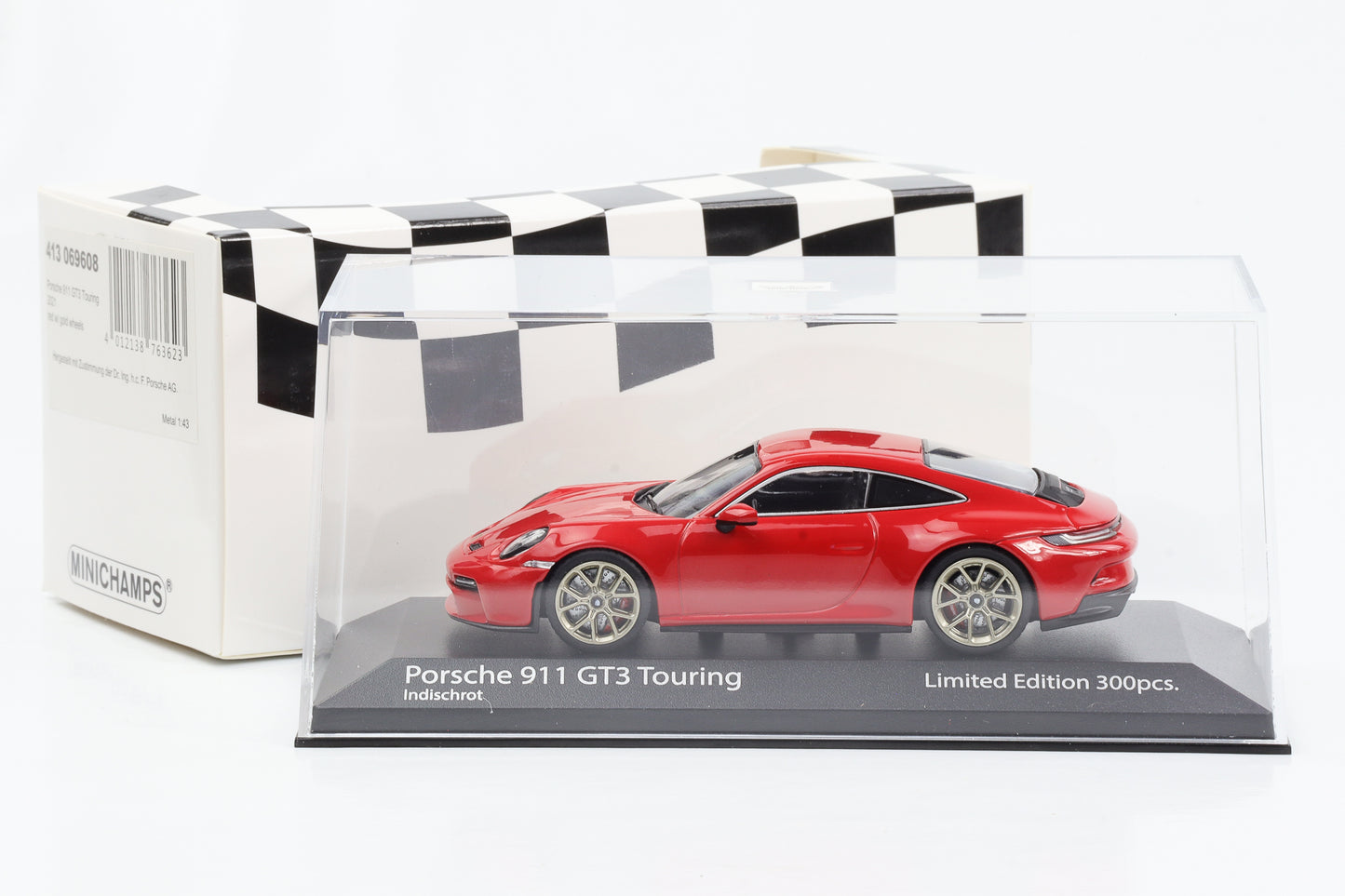 1:43 بورش 911 992 GT3 Touring 2021 سيارة Minichamps حمراء هندية محدودة