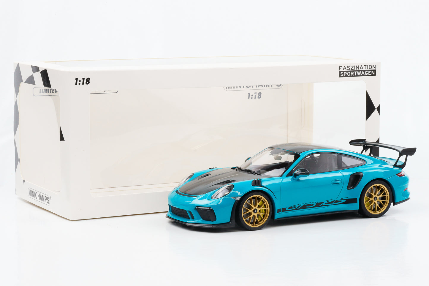 1:18 Porsche 911 GT3 RS 991.2 Miami blue golden wheel Weissach Minichamps