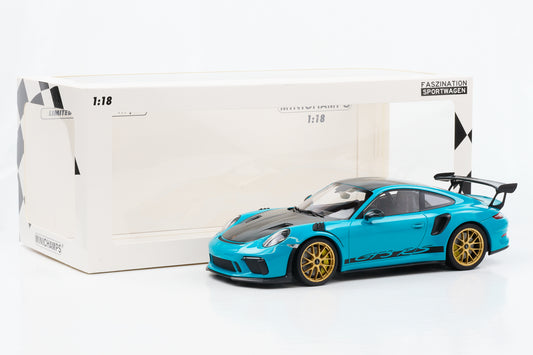 1:18 Porsche 911 GT3 RS 991.2 Miami blu ruota dorata Weissach Minichamps
