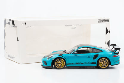 1:18 Porsche 911 GT3 RS 991.2 Miami azul dourado roda Weissach Minichamps
