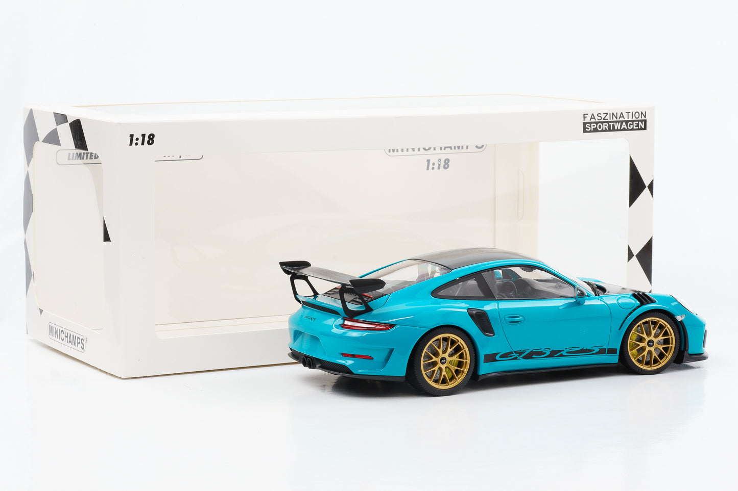 1:18 Porsche 911 GT3 RS 991.2 Miami azul dourado roda Weissach Minichamps