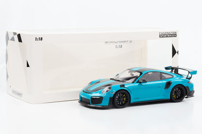 1:18 Porsche 911 GT2 RS 991.2 Miami azul Weissach ruedas negras Minichamps