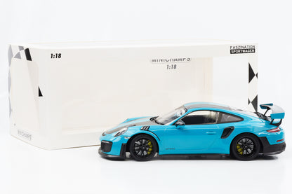 1:18 Porsche 911 GT2 RS 991.2 Miami bleu Weissach jantes noires Minichamps