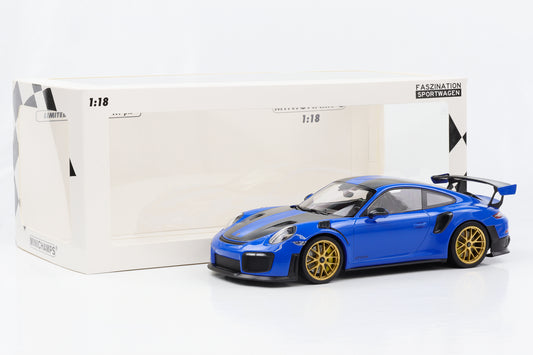 1:18 Porsche 911 GT2 RS 991.2 Voodoo blue Weissach golden wheels  Minichamps