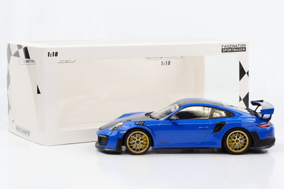 1:18 Porsche 911 GT2 RS 991.2 Voodoo blue Weissach golden wheels  Minichamps