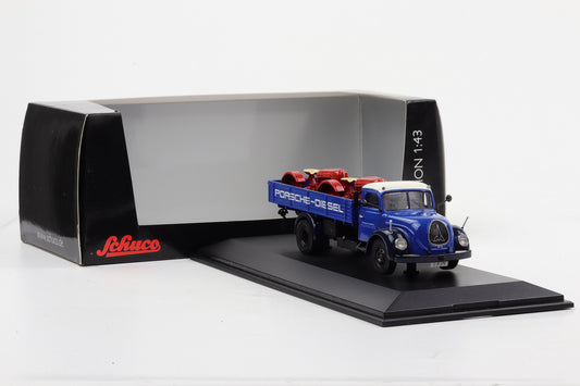 1:43 Schuco Magirus Deutz S6500 Pritsche mit 2 Porsche Diesel Karosse