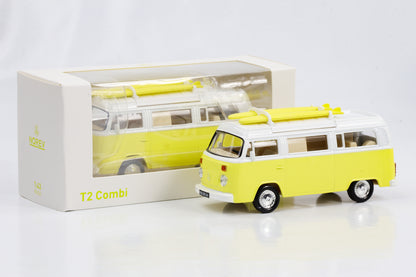1:43 VW T2 Bus Camper Van with surfboards light yellow 1973 Norev Jet Car diecast