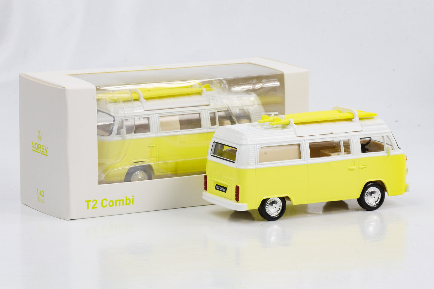 1:43 VW T2 Bus Camper Van with surfboards light yellow 1973 Norev Jet Car diecast