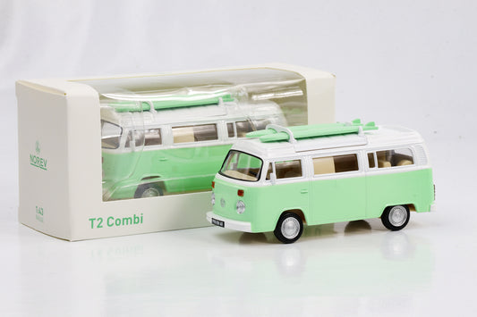 1:43 VW T2 Camper Bus mit Surfbretter mintgrün 1973 Norev Jet Car diecast