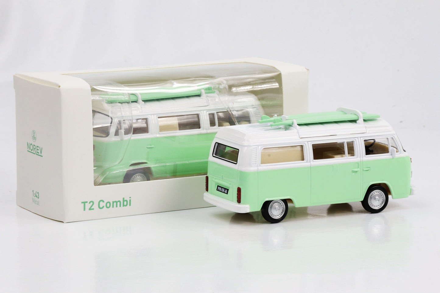 1:43 VW T2 Camper Bus with surfboards mint green 1973 Norev Jet Car diecast