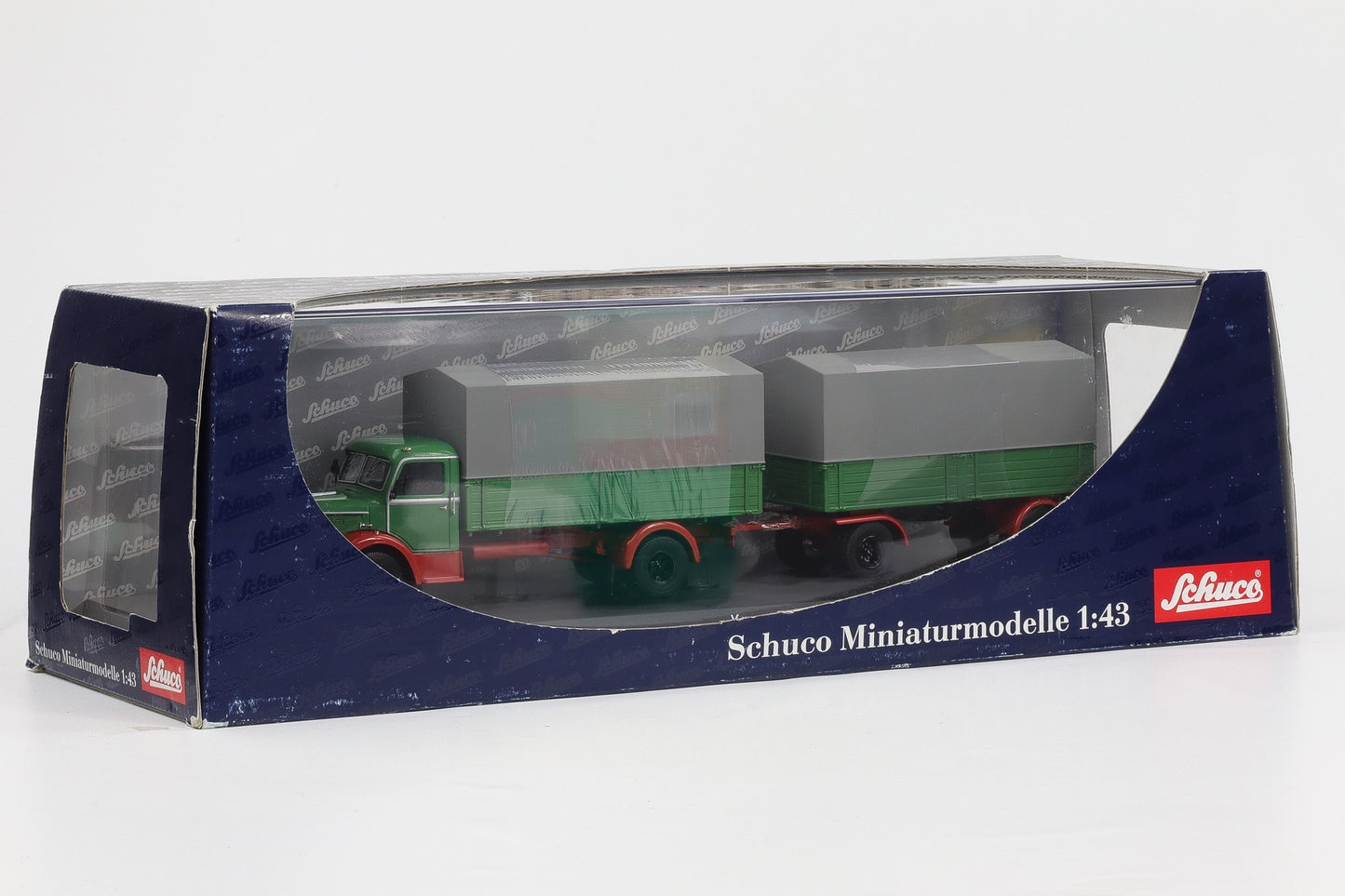 1:43 Schuco Krupp Titan Planen LKW mit Anhänger grün OVP