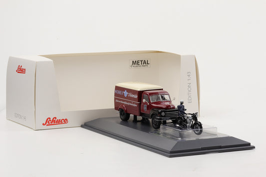 1:43 Schuco Hanomag L28 Kasten "Horex" mit Motorrad Horex und Fahrerfigur