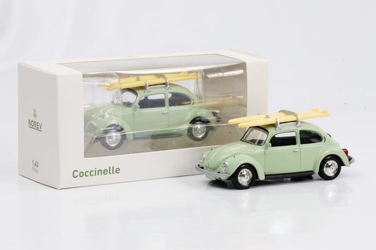 1:43 VW Coccinelle Beetle with surfboards roof luggage mint green Norev Jet Car diecast