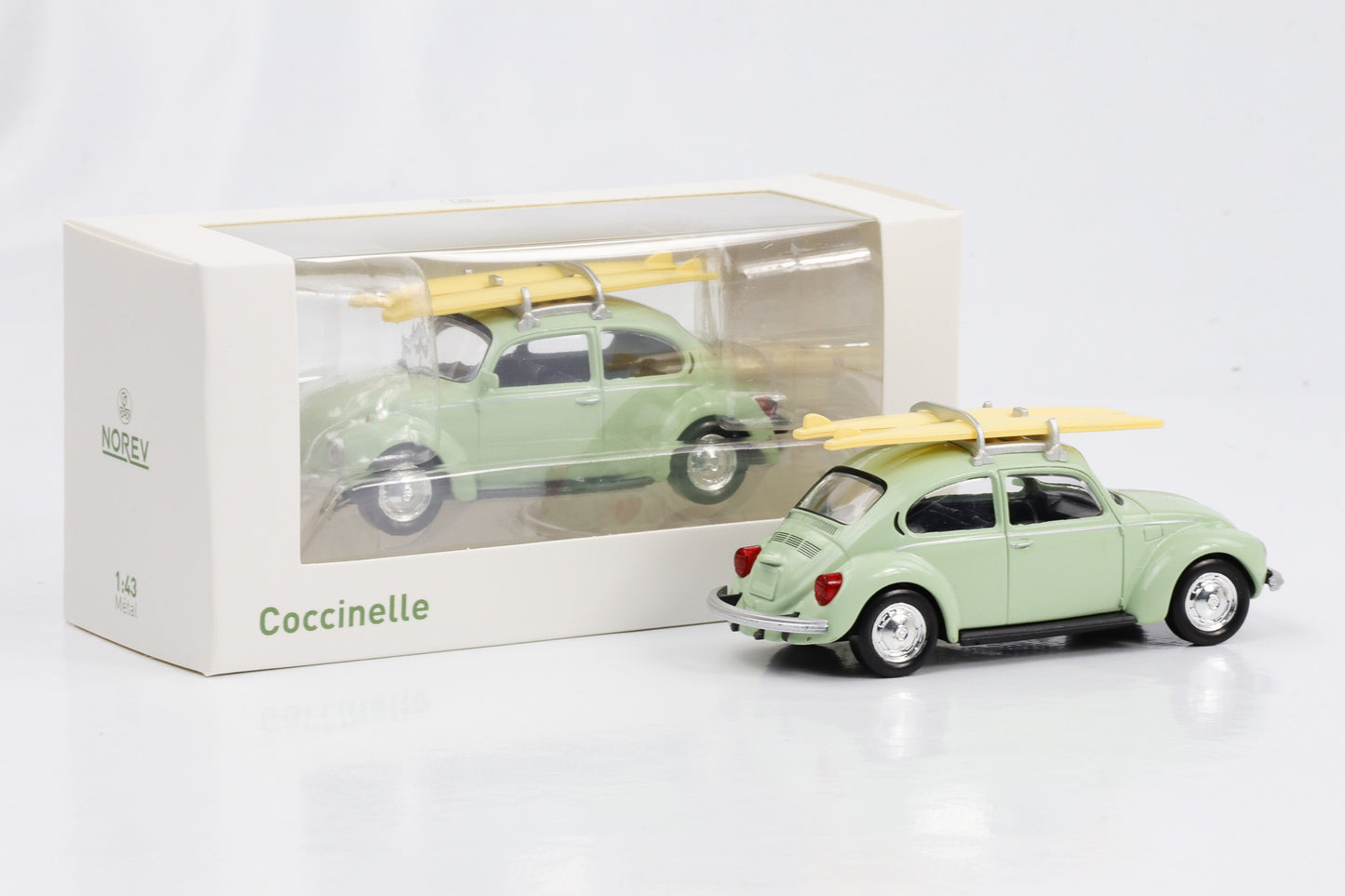 1:43 VW Coccinelle Käfer mit Surfbretter Dachgepäck mintgrün Norev Jet Car diecast