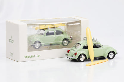1:43 VW Coccinelle Beetle with surfboards roof luggage mint green Norev Jet Car diecast