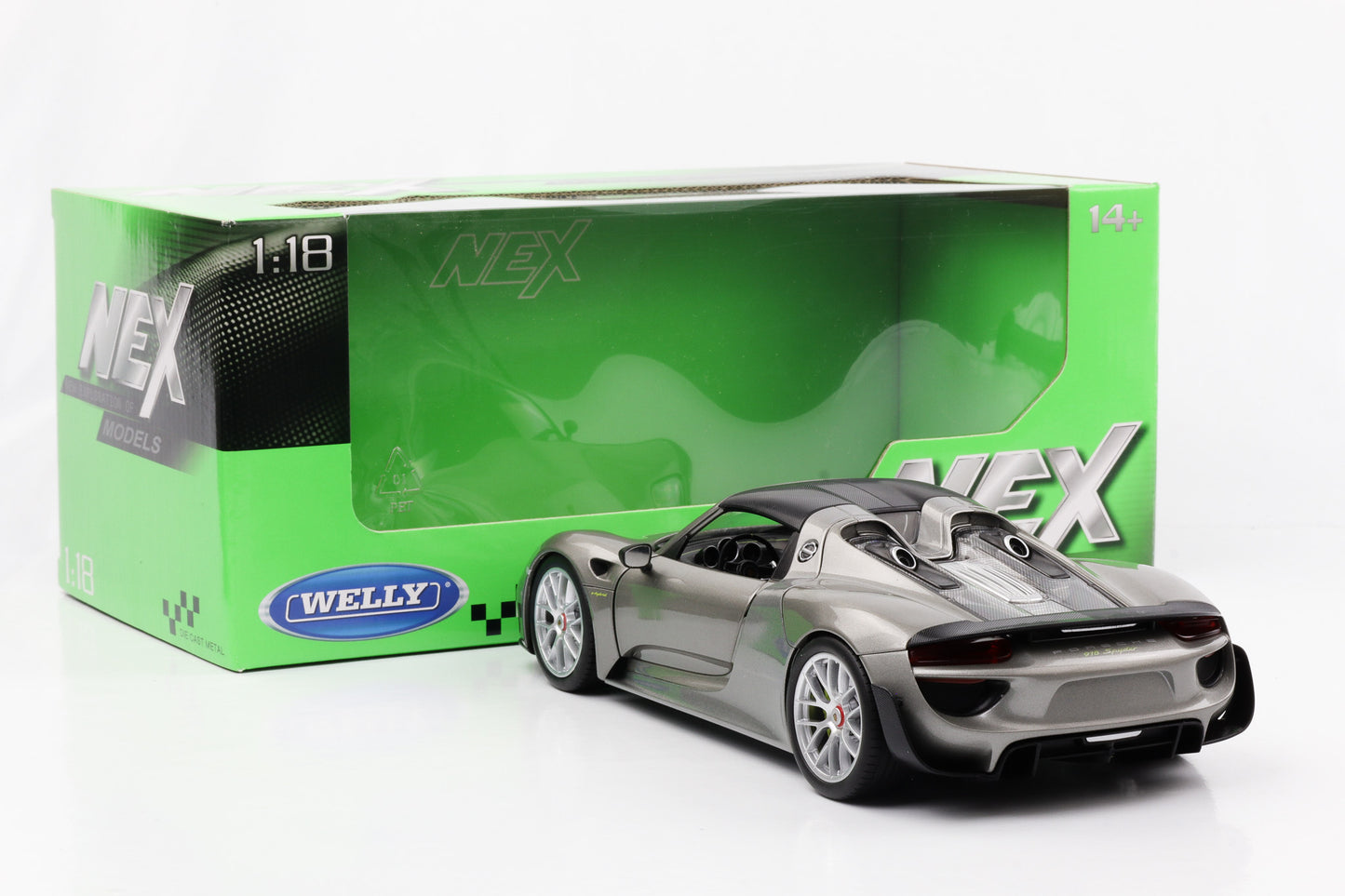 1:18 Porsche 918 Spyder silver 2012 Carbon Hardtop Welly NEX diecast