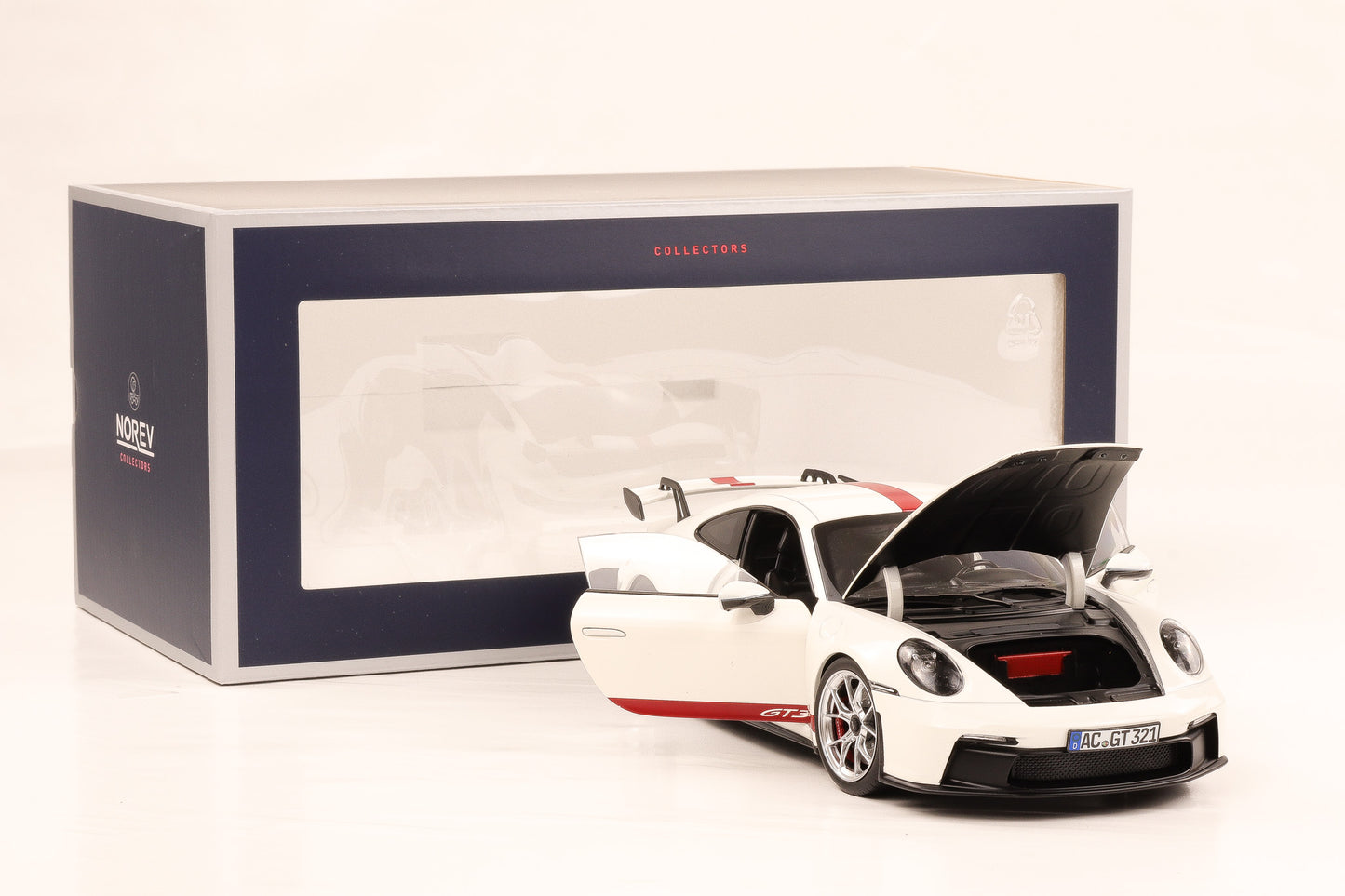 1:18 Norev Porsche 911 992 GT3 weiss opening roter Streifen mit Schrift 2021 187306