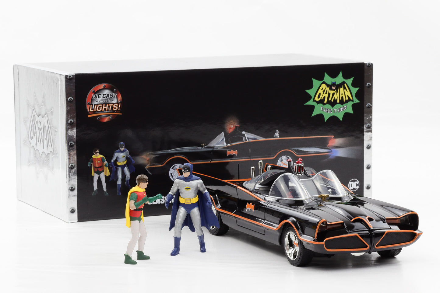 1:18 Jada Batman + Robin Classic 1966 Batmobile mit Figuren und Lichtfunktion