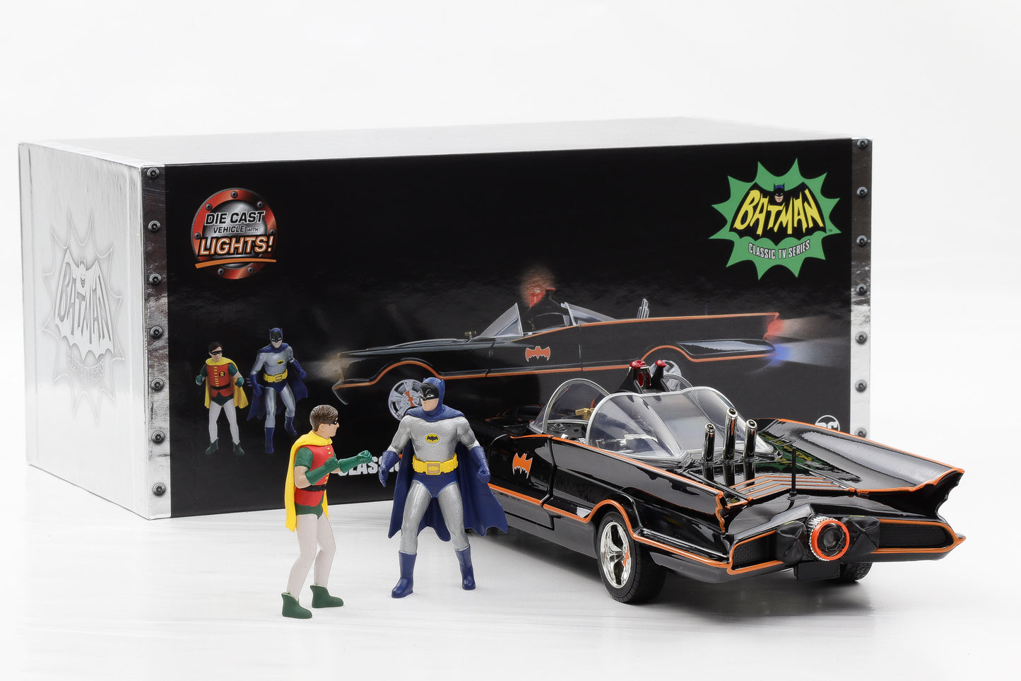 1:18 Jada Batman + Robin Classic 1966 Batmobile mit Figuren und Lichtfunktion