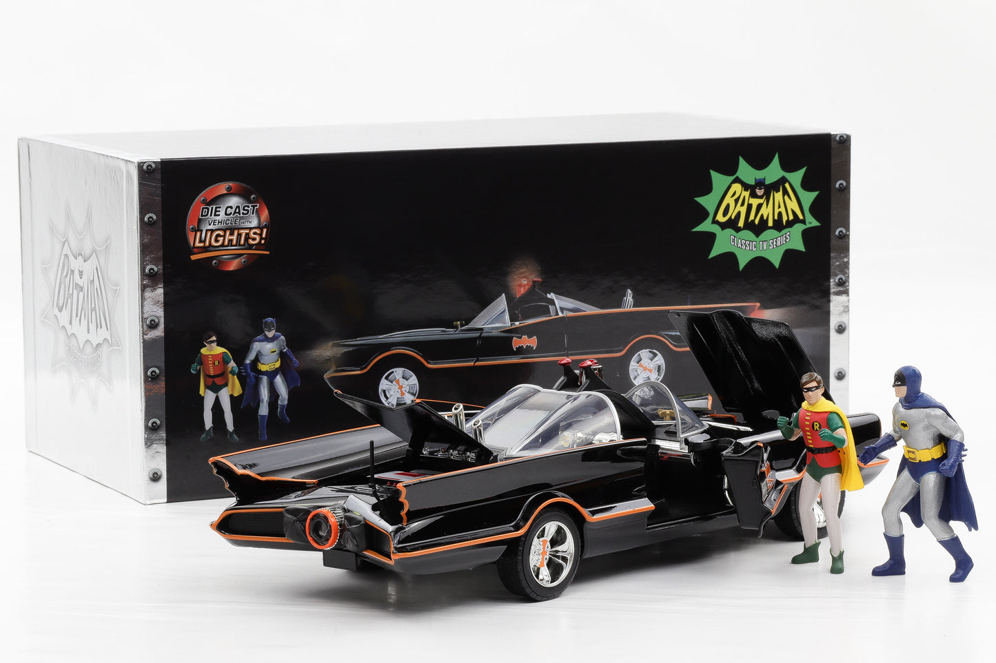 1:18 Jada Batman + Robin Classic 1966 Batmobile mit Figuren und Lichtfunktion